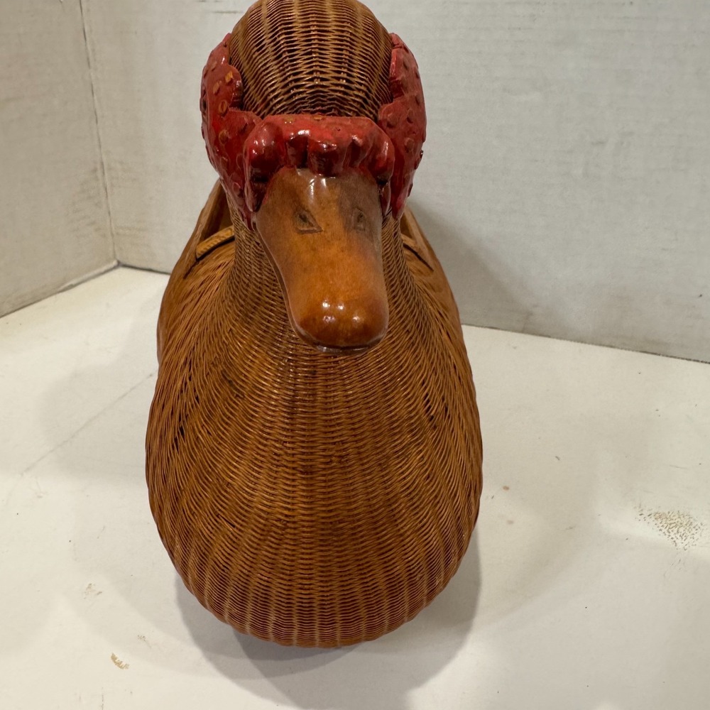 Mid Century SHANGHAI HANDICRAFTS WICKER & CARVED WOOD BASKETRY Basket BOX DUCK - Picture 7 of 16